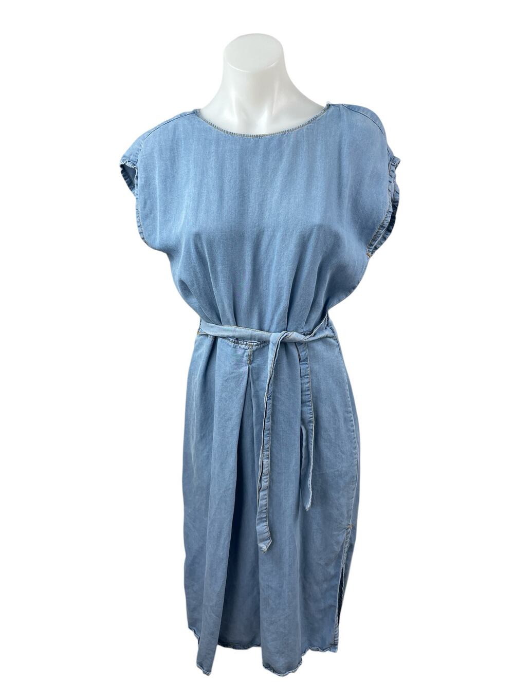 Zara Women's Blue Drop Sleeve Chambray Slit Tie Open Back A Line Midi Dress Sz M